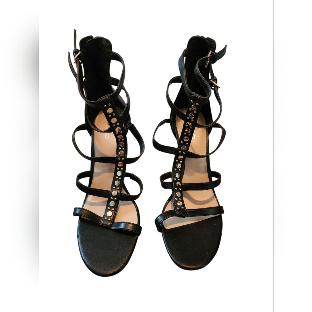 Aldo Black Gladiator Stiletto Sandals with Sleek Straps Gold Studs